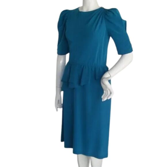 CHARLEE ALLISON Dress, S/XS, Blue, Asym Peplum, Gathered shoulder, VINTAGE - Picture 3 of 11